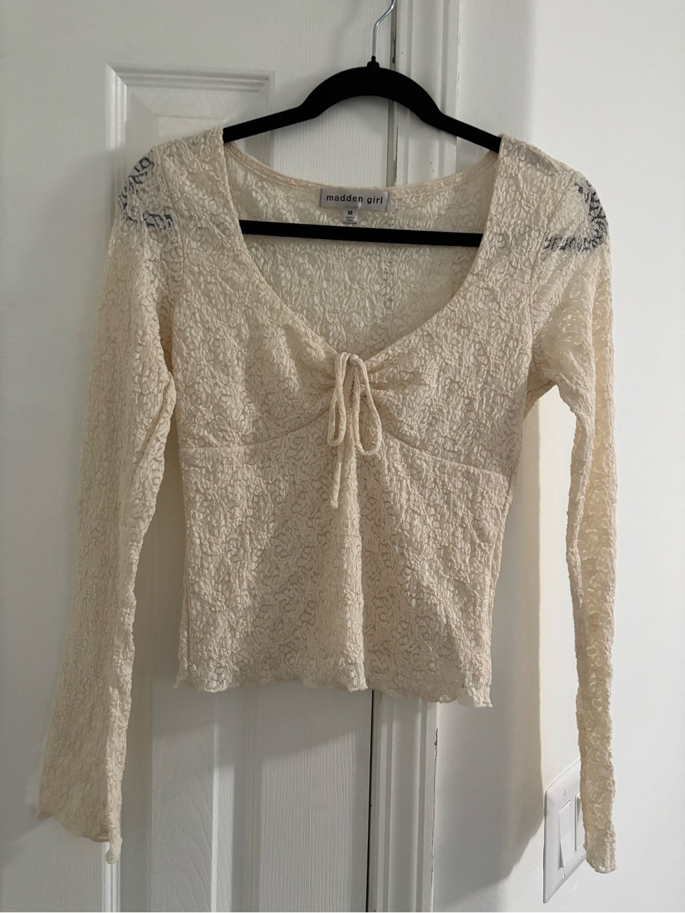 Madden Girl Ivory Lace Tie-Front Long Sleeve Top